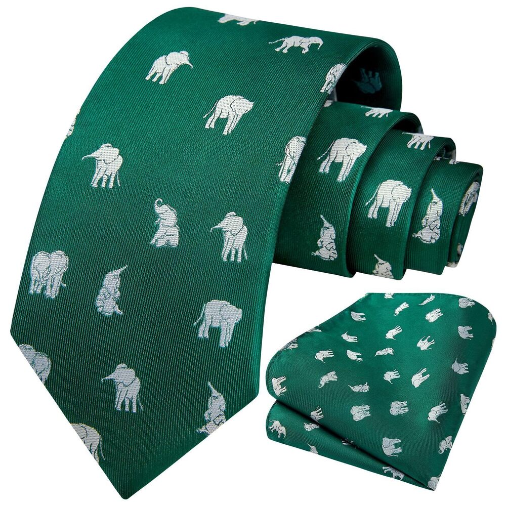 1690 Dark Green Animal Ties Tie and Pocket Square Elephant Neckties